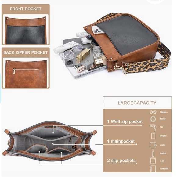 Trendy Boho Casual Crossbody Shoulder Bag w/Two Straps Vegan Leather Black/Brown - Picture 4 of 5